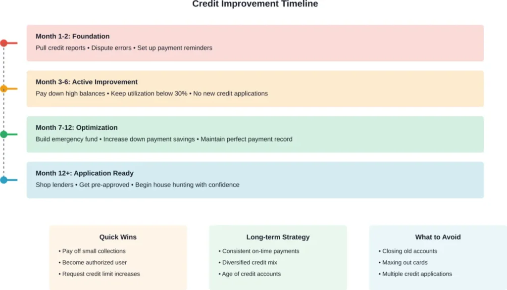 Recommended timeline for improving credit before applying for a mortgage, showing actionable steps at each stage and strategies for both quick wins and long-term credit health.