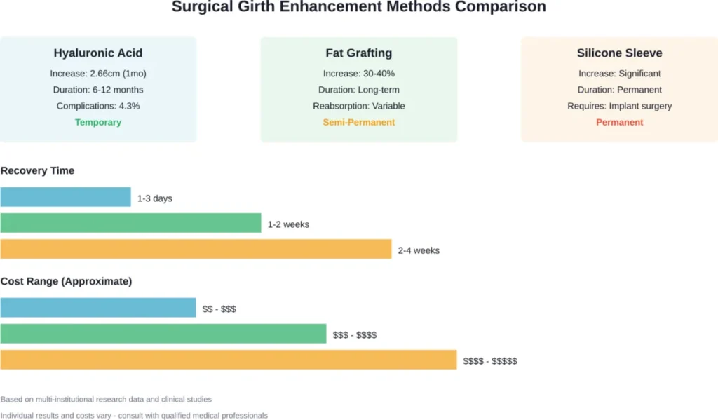Comparison of three primary surgical girth enhancement methods showing duration, recovery time, and relative cost ranges based on clinical research.