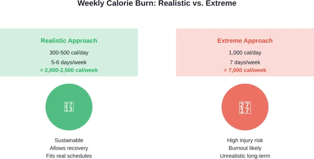 A sustainable weekly calorie burn target (2,000-2,500 calories) delivers health benefits without the risks associated with daily extreme exercise.