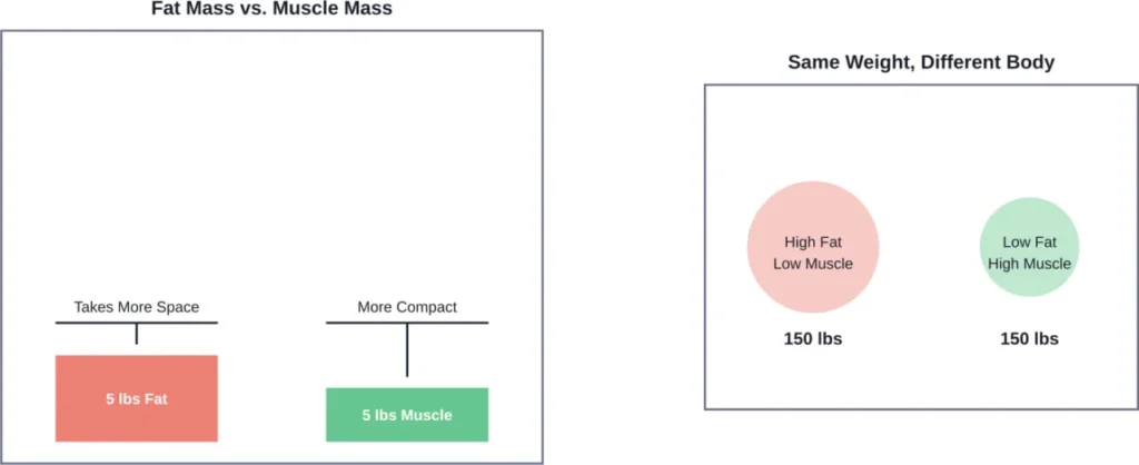 Visual comparison showing how fat and muscle differ in density, and how two people at the same weight can have vastly different body compositions