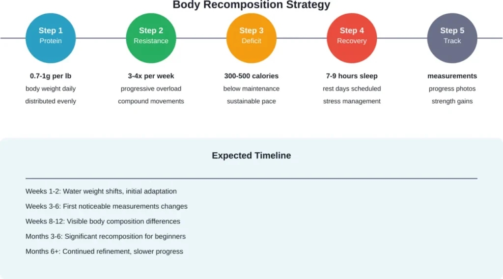 Step-by-step body recomposition strategy with expected timeline for visible results
