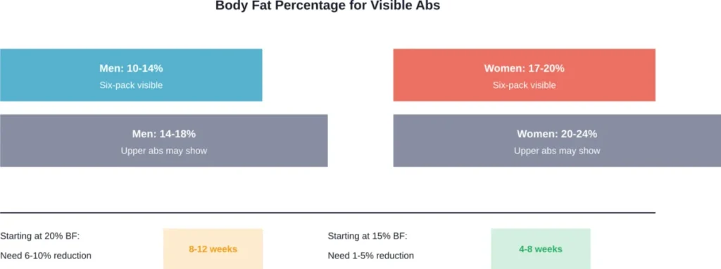 Timeline for visible abs depends heavily on starting body fat percentage. Lower starting points see results faster.