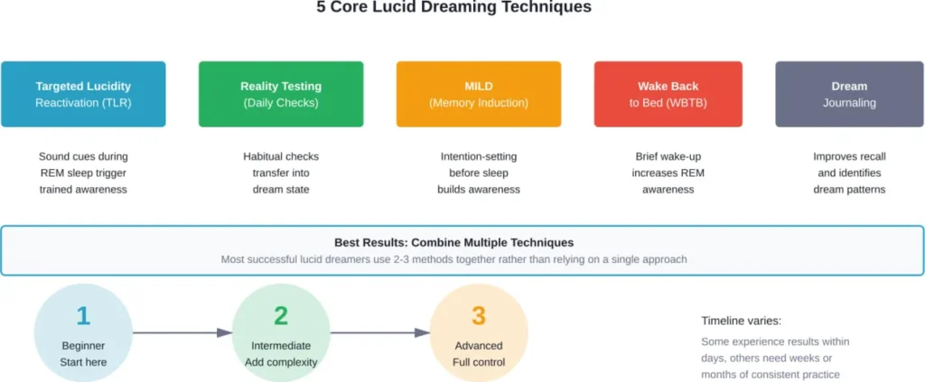 Overview of the five primary lucid dreaming techniques, showing progression from beginner to advanced practice.
