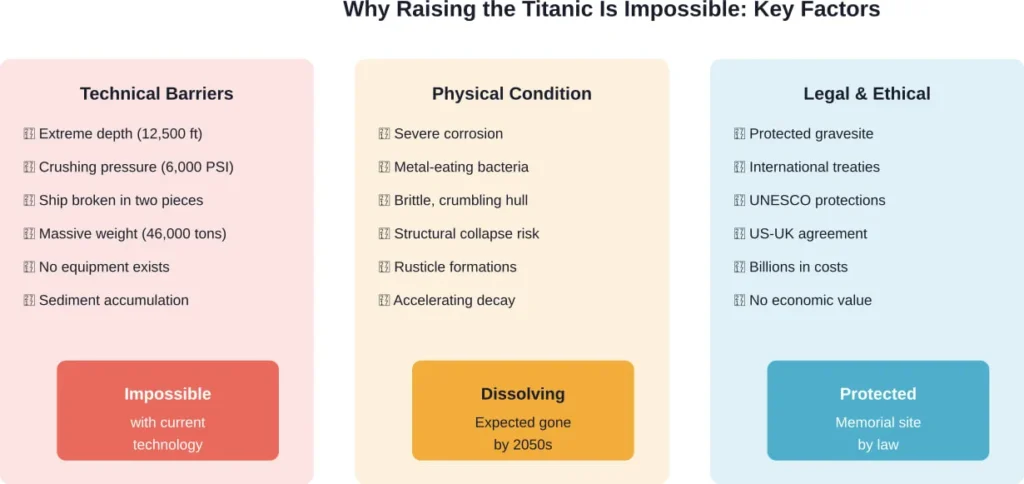 Multiple insurmountable barriers—technical, physical, and legal—make raising the Titanic impossible with any foreseeable technology.