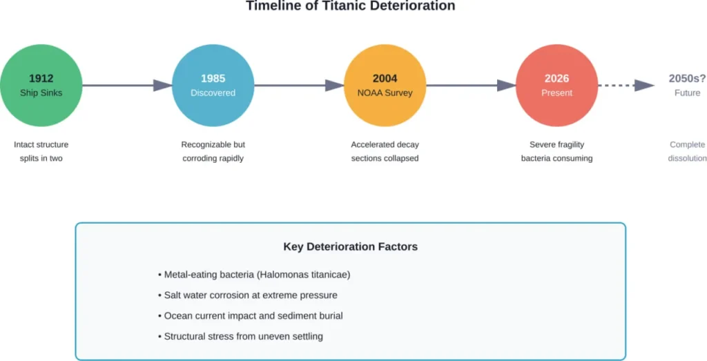 The Titanic's condition has deteriorated dramatically since its discovery, with accelerating decay making salvage increasingly impossible over time.