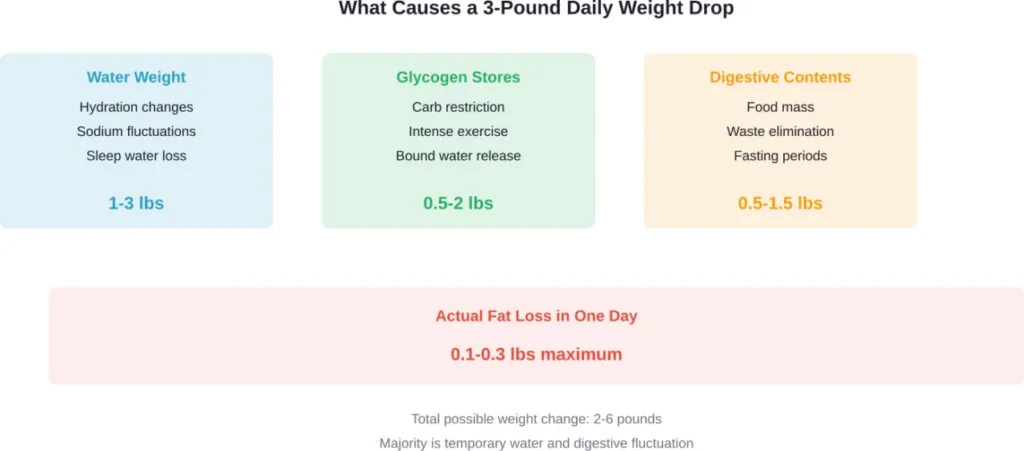 The breakdown of what contributes to rapid daily weight changes shows that true fat loss represents only a tiny fraction of scale fluctuations.