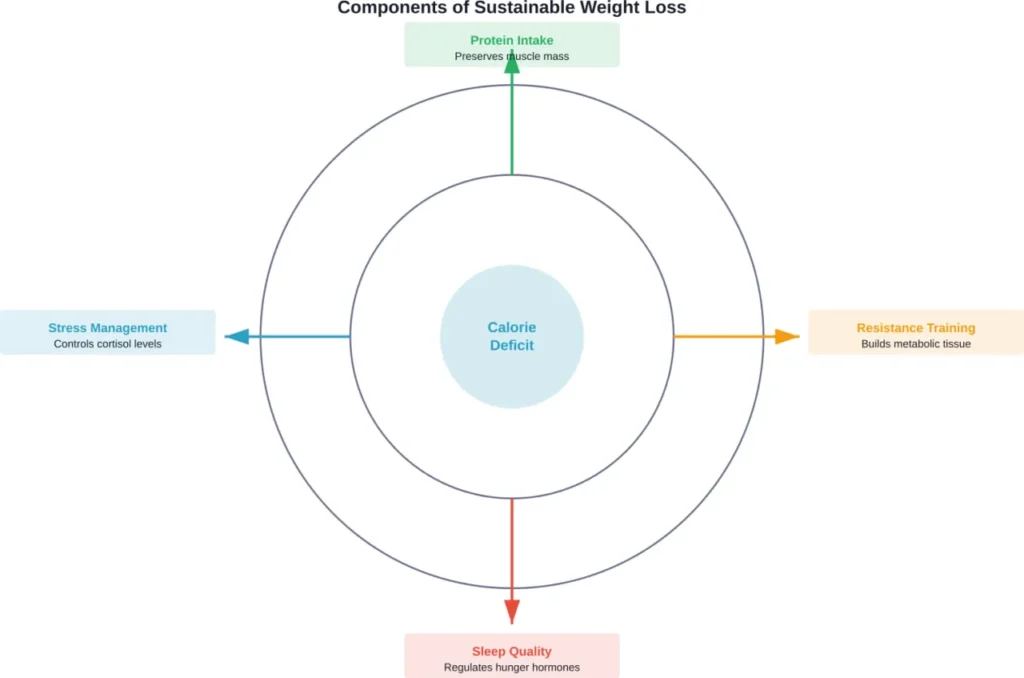 Sustainable weight loss requires multiple supporting factors working together, with a moderate calorie deficit at the core and essential lifestyle components reinforcing long-term success.