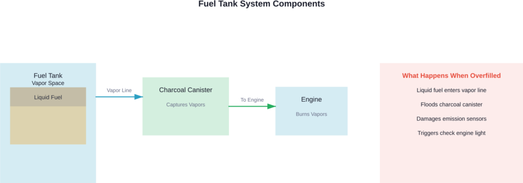Normal fuel system operation versus overfilled tank damage pathway