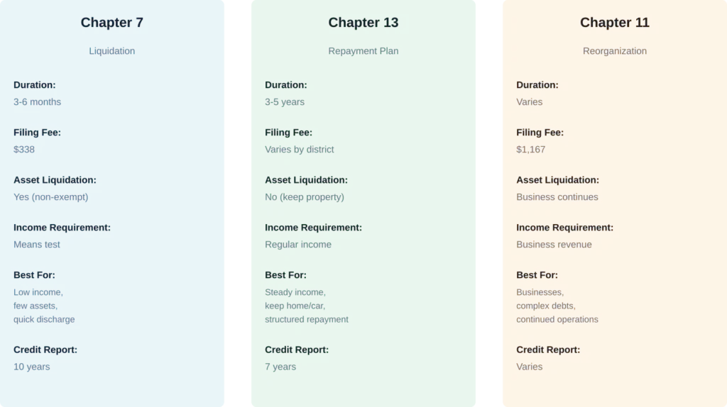 Comparison of the three main bankruptcy chapters available under the U.S. Bankruptcy Code