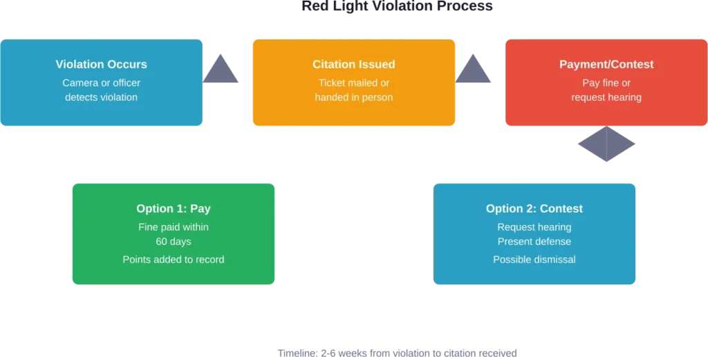 The typical process from red light violation to resolution, showing both payment and contest options