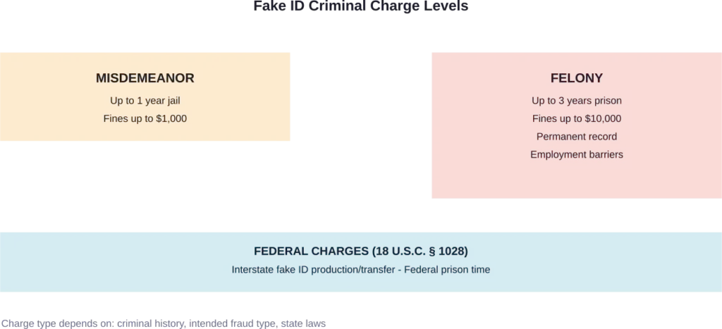 Comparison of misdemeanor versus felony fake ID charges and federal prosecution scenarios