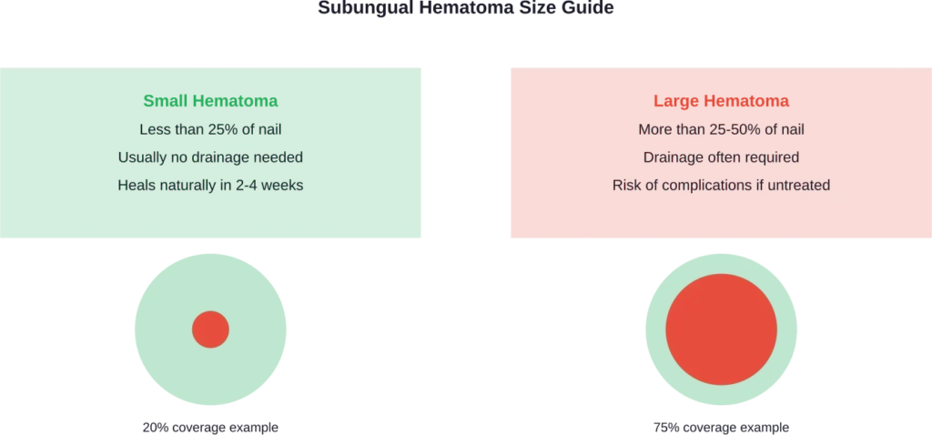 Visual comparison of small versus large subungual hematomas and drainage recommendations