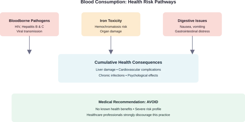 The primary health risk pathways associated with blood consumption, showing how different dangers compound into serious medical consequences.