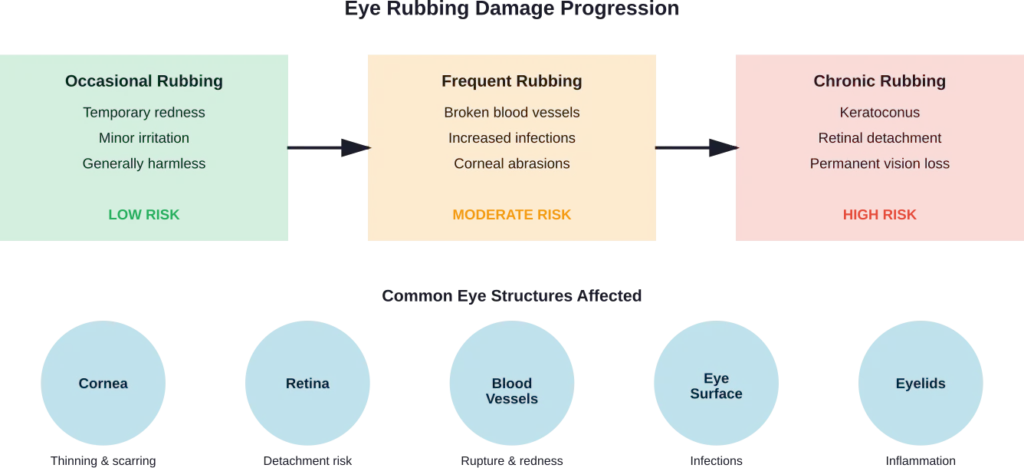 Progression of eye damage from occasional to chronic eye rubbing and the primary anatomical structures affected