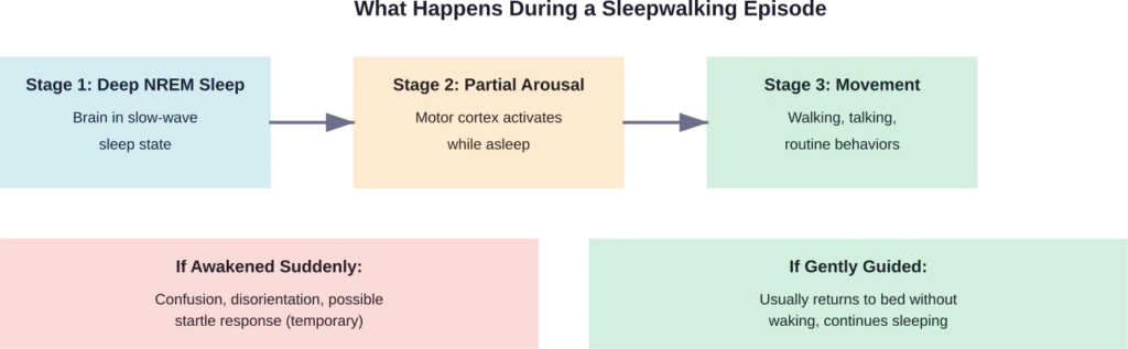 The progression of a sleepwalking episode and outcomes of different intervention approaches