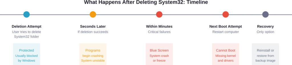 Timeline showing the cascade of failures after System32 deletion