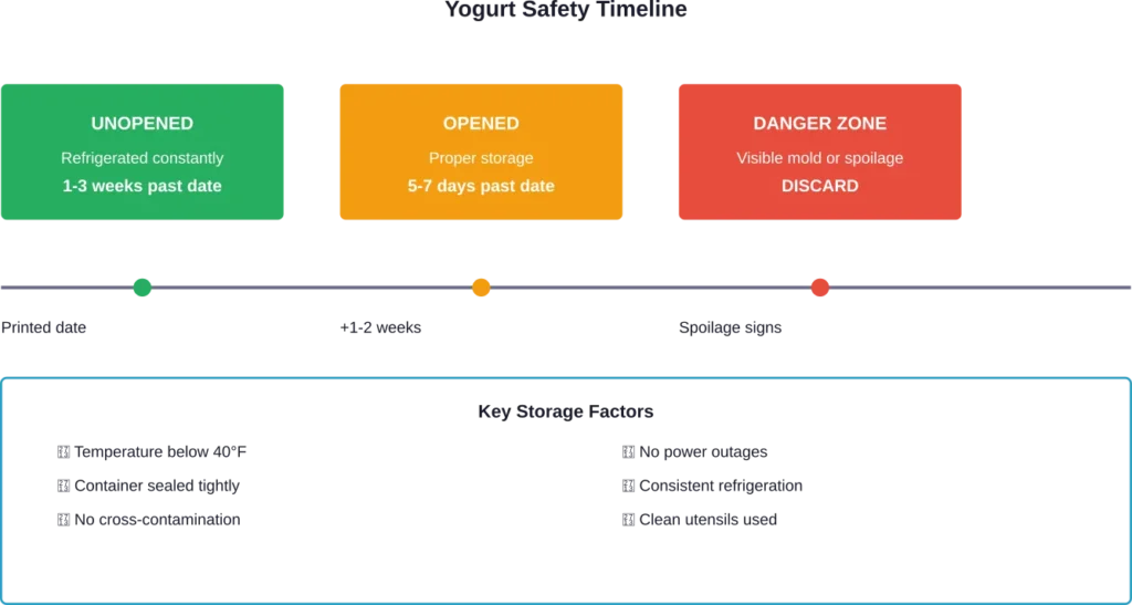 Timeline showing how long yogurt remains safe past its printed date under different storage conditions