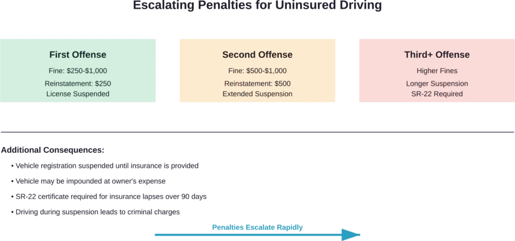 Uninsured driving penalties increase significantly with each offense and longer coverage lapses.
