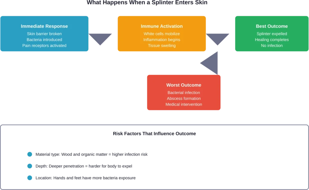 The body's response to a retained splinter depends on multiple factors including material, depth, and immune system effectiveness.