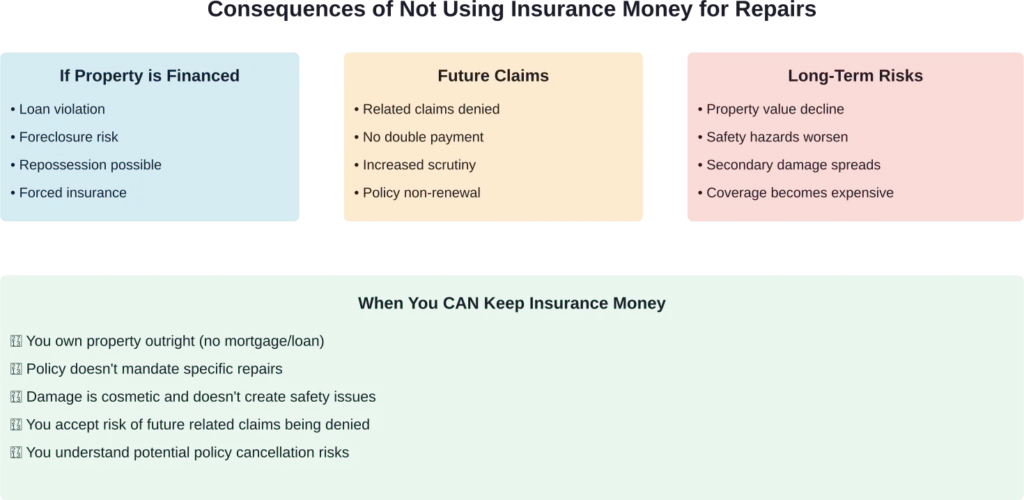 Overview of potential consequences when insurance money isn't used for repairs, organized by ownership status and risk category.