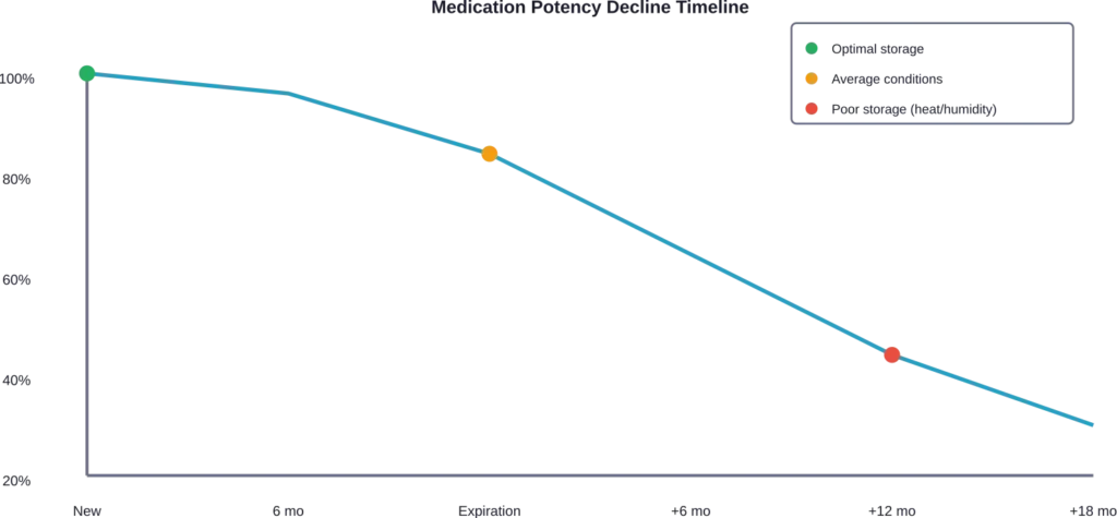 Estimated potency decline for albuterol inhalers under different storage conditions over time.