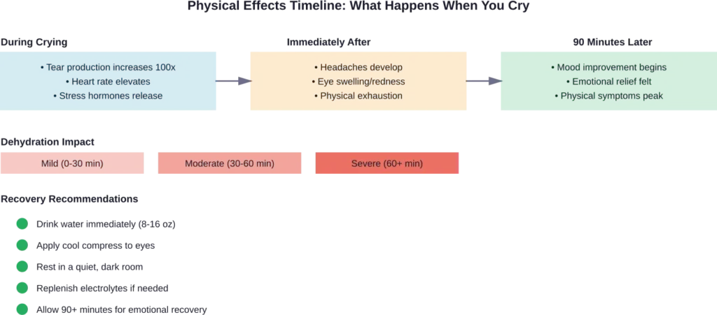 Physical and emotional effects of excessive crying occur in stages, with recovery beginning approximately 90 minutes after the episode ends.