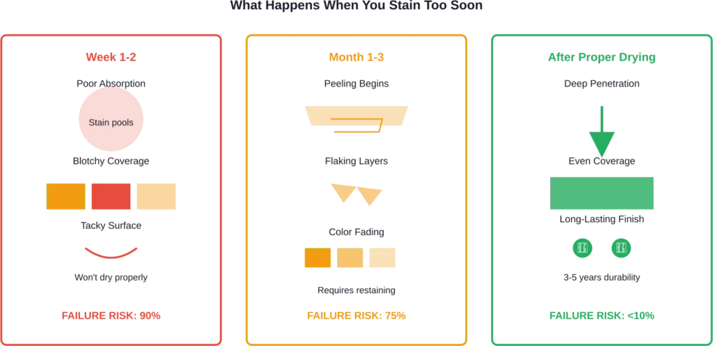 Timeline showing how premature staining leads to progressive failure versus proper drying results