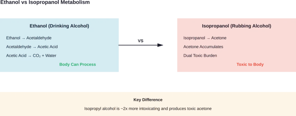 Metabolic pathways showing why isopropyl alcohol is toxic compared to ethanol