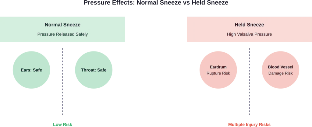 Comparison showing how pressure distributes differently between allowing a sneeze versus holding it in