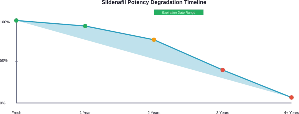 Estimated potency decline of sildenafil over time when stored properly. Effectiveness drops significantly after the expiration date.