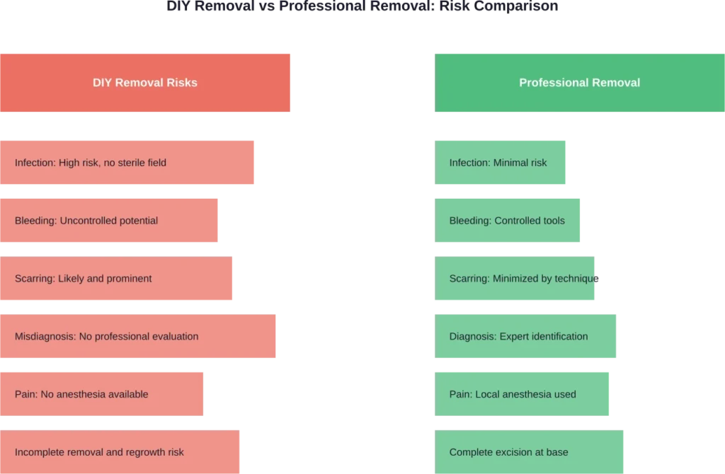 Comparison of risks between DIY skin tag removal and professional dermatologic removal procedures