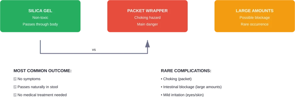 Risk comparison: Silica gel contents versus packet wrapper and large quantities