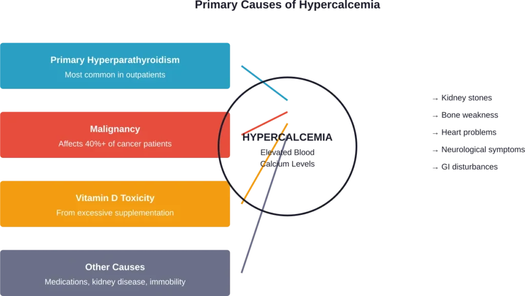 The main causes of hypercalcemia and their resulting complications