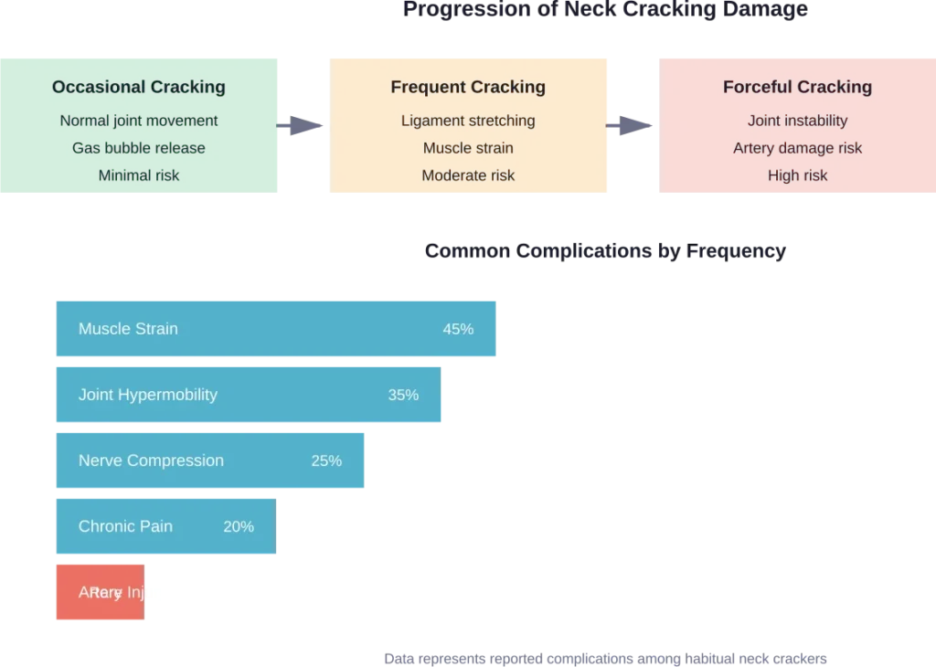 The progression from occasional to excessive neck cracking and associated complication rates
