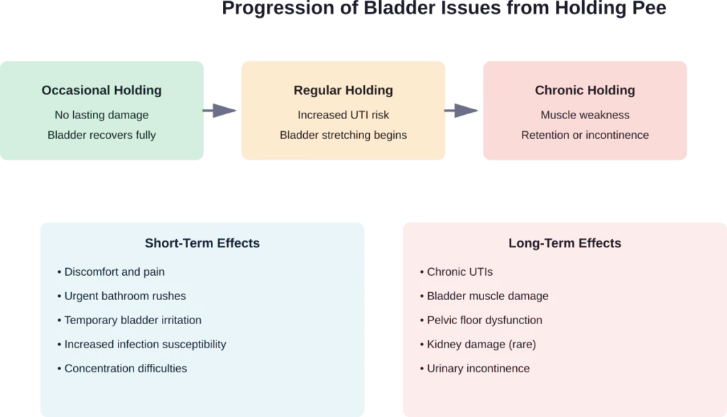 The health consequences of holding urine escalate from temporary discomfort to permanent bladder and pelvic floor damage when the habit becomes chronic.
