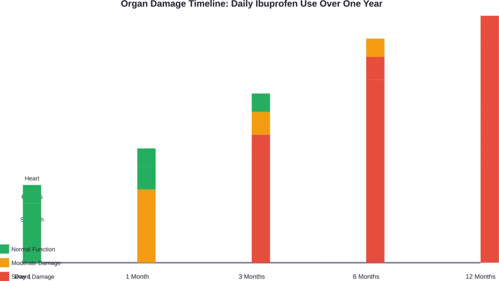 Progressive organ damage from continuous daily ibuprofen use shows stomach lining affected first, followed by kidney function decline and cardiovascular stress accumulation.