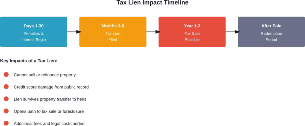 Timeline showing how unpaid property taxes escalate from penalties to potential property loss