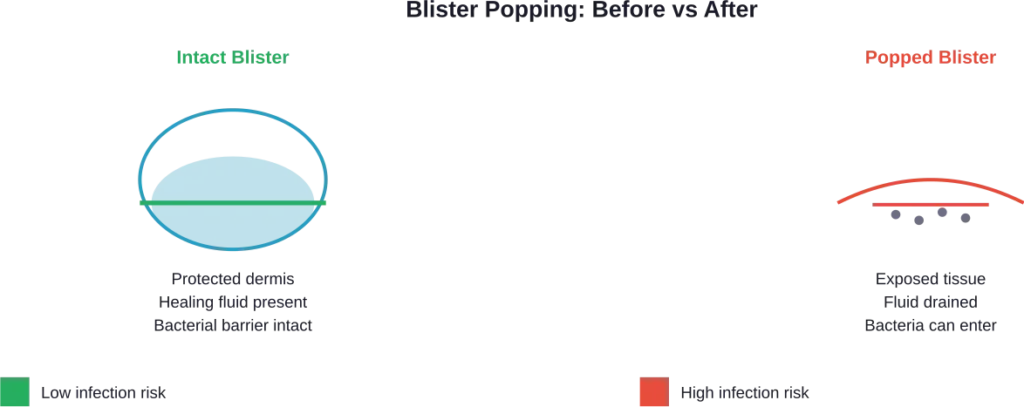 Comparison showing the protective barrier of intact blisters versus exposure risk after popping
