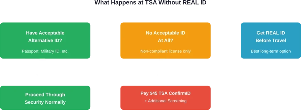 Decision flow for travelers without REAL ID at TSA checkpoints in 2026