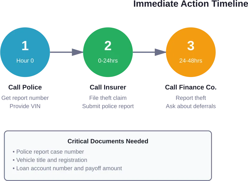 The first 48 hours after discovering vehicle theft require three critical notifications in sequence
