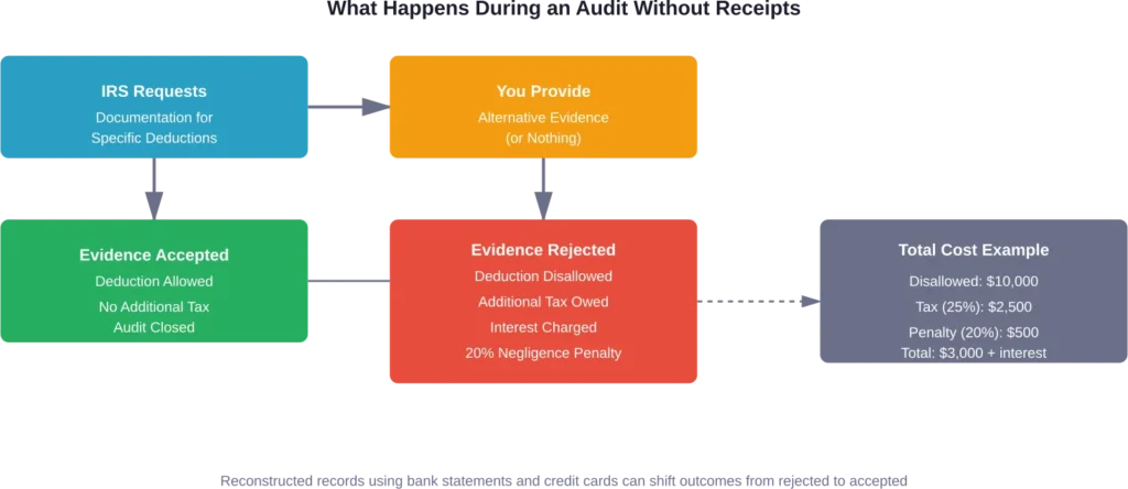 The audit process flow when receipts are missing, showing potential outcomes and financial consequences