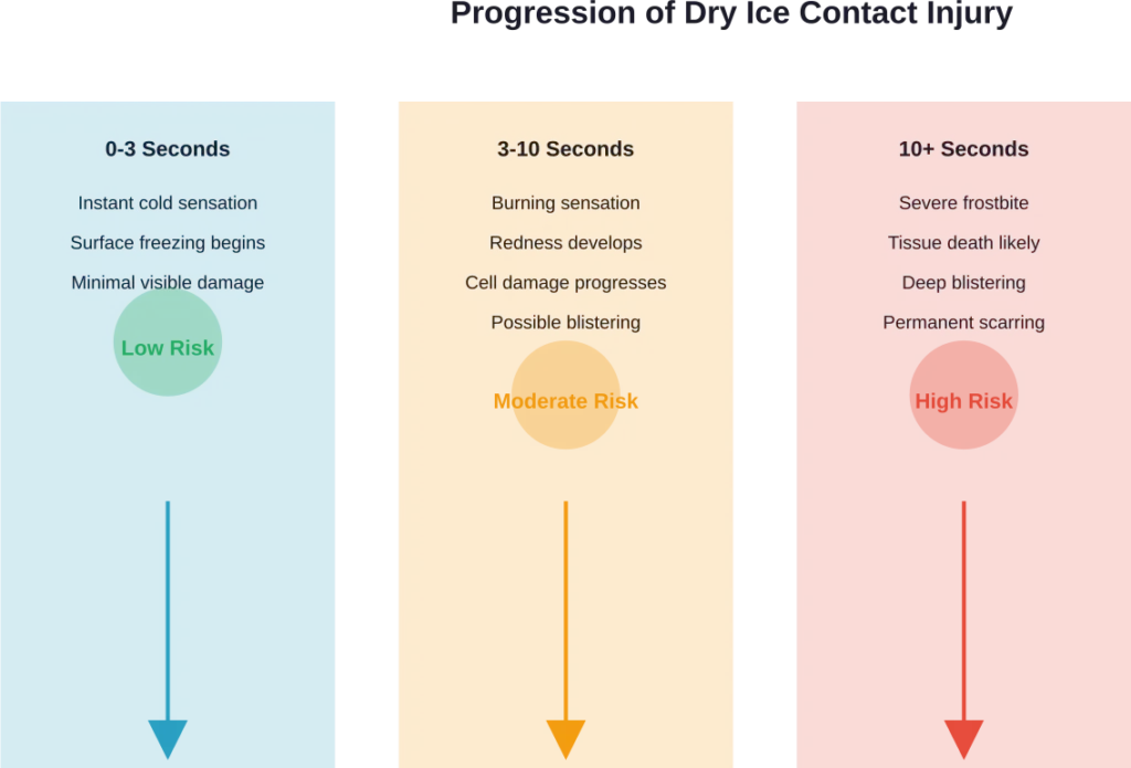 Time-based severity of dry ice contact injuries showing progression from minor to severe tissue damage
