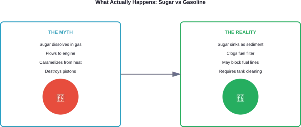 The contrast between the popular myth and what chemistry actually tells us about sugar in gasoline.