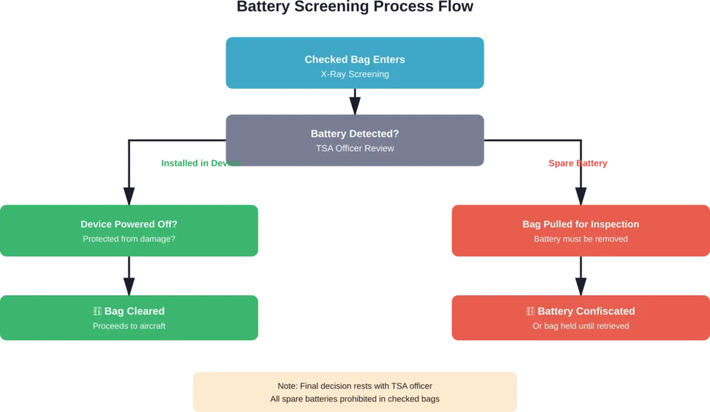 TSA screening process when lithium batteries are detected in checked luggage, showing different outcomes for installed versus spare batteries.
