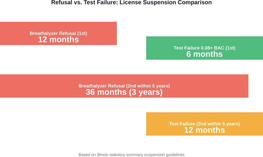 License suspension penalties in Illinois show that refusing a breathalyzer results in longer suspensions than test failure for comparable offenses.