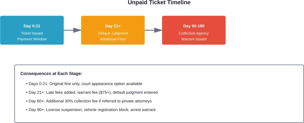The progression of consequences when a speeding ticket goes unpaid, from initial citation to collection and warrant issuance.