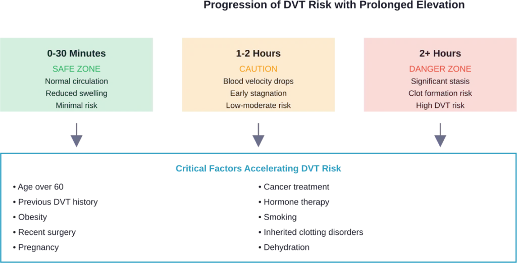 Risk progression shows how DVT danger increases dramatically after 2 hours of continuous leg elevation without movement.