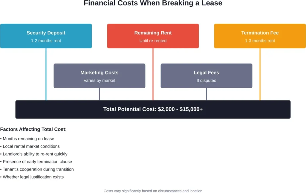 Overview of potential financial obligations when breaking a lease early, showing how multiple cost factors combine to determine total liability.