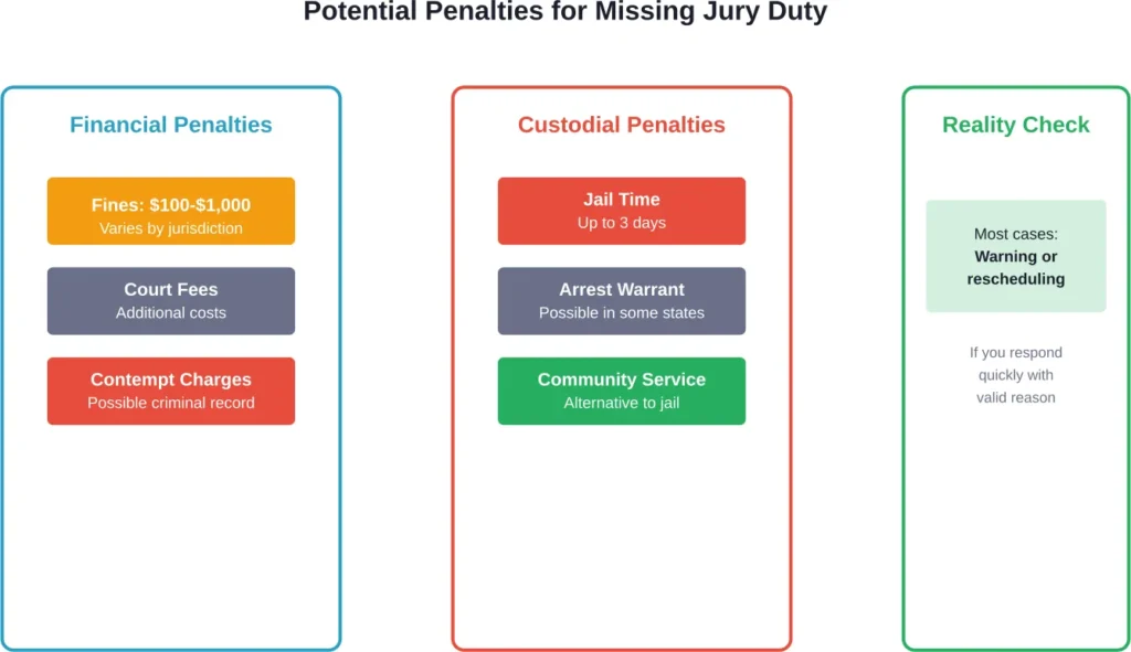 Overview of potential legal penalties for missing jury duty, from fines to jail time, and what typically happens in practice