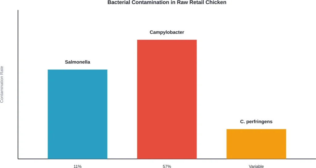 Prevalence of major pathogens found in raw chicken samples based on retail surveys